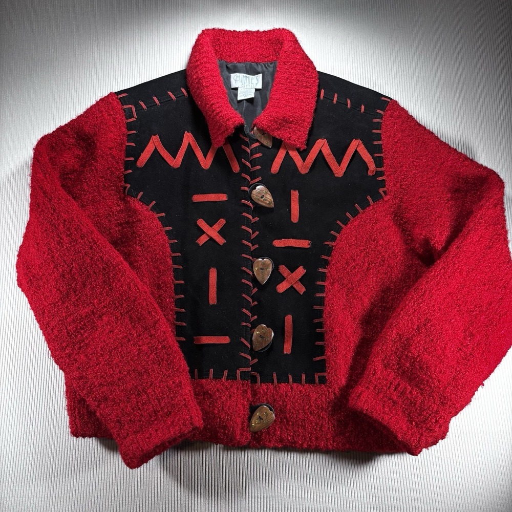 Vintage Minnie's Closet Red /Black Sweater Jacket Leather Accent Medium Tribal